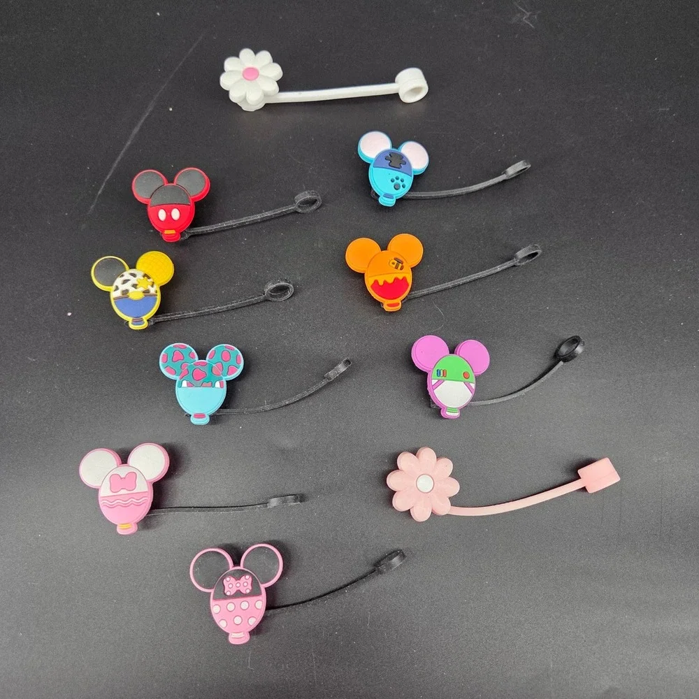 10pc Disney Straw Topper Set Mickey Minnie Toy Story Character Balloon Charms
